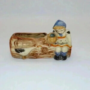 Vintage Ceramic Pottery Planter Figurine Little Girl Sitting On Log With A Goose
